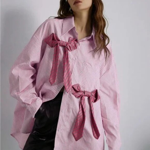 Bow Detail Oversized Striped Shirt Blouse - Picture 2 of 15